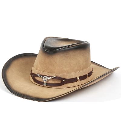 China Western Cowhide Fedora Hats Ribbon Metal Bullhead Jazz Hat Cap Men Women Beauty Wide Brim Cowboy Decorated Panama Black Hat for sale