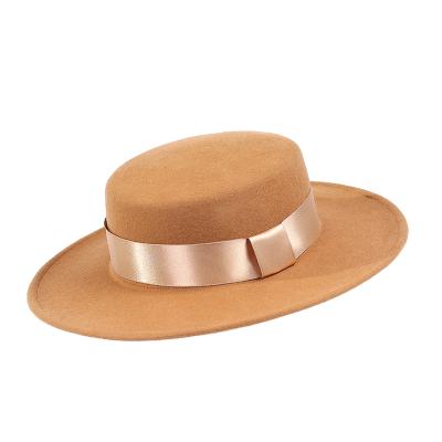 China Winter Vintage Beauty Solid Color Classic Panama Hat Flat Brim Hat Felt Trilby Formal Hats With Ribbon for sale