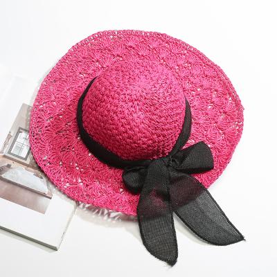 China Hollow Edge Checked Straw Hat Women Beach Sun Straw Hat Bow Tie Summer Hat Female Handmade Crochet Large for sale