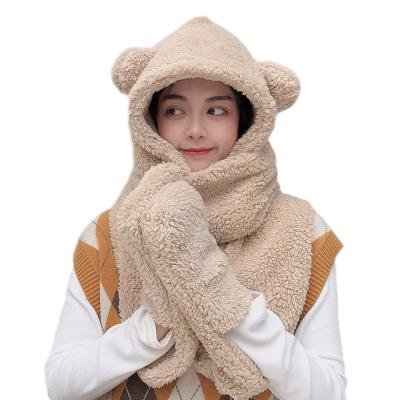 China COMMON Soft Pile Cloth Hat Scarf Gloves Warm Winter All-in-one Hat for sale