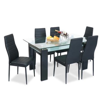 China Adjustable Table (Height) One Set Black Square Glass Top and Dining Table Chairs Modern 6 Seater Black Manger Dining Table for sale