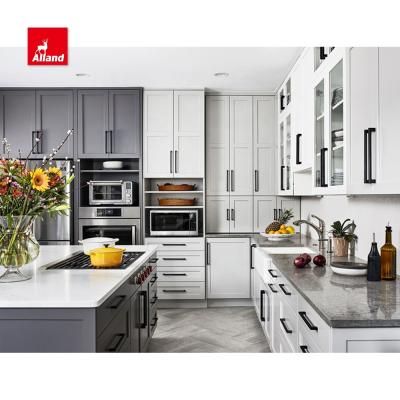 China AllandCabinet Contemporary Shaker Design Kitchen Cabinet Gray and White Painted Shaker Door Kitchen Cabinet With Two Toned Mullion Glass Door for sale