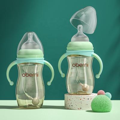 China BPA Free Newborn Baby Bottle PPSU Oberni Anti-Inflation Large Wide With Handle Straw Drop Resistant 300ml 2-3 Years Old for sale