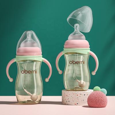 China BPA Free Newborn Baby Bottle PPSU Oberni Anti-Inflation Large Wide With Handle Straw Drop Resistant 300ml 2-3 Years Old for sale