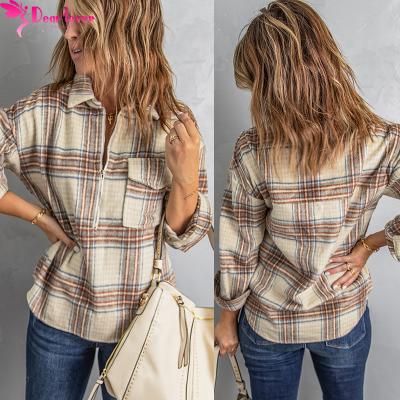 China 2021 Hot Selling High Quality Plaid Chest Half Pocket Zipper Breathable Sweatshirts Women Breathable for sale