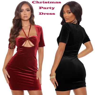 China 2021 High Quality Halter Bust Party Mini Dress Women Clothes Velvet Christmas Hollow-out Dress Anti-Static for sale