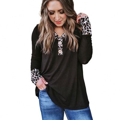 China Wholesale Leopard Anti-Pilling Accent Ribbed Black Knitted Long Sleeve Tops For Women for sale