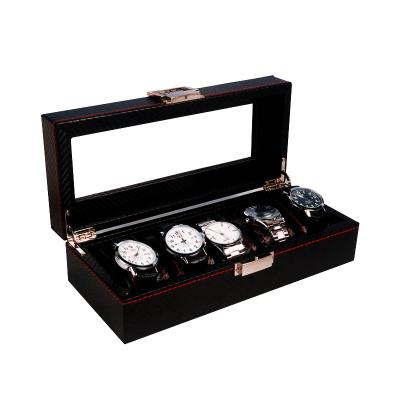 China High End Black Watch Storage Display PU Leather 5 Slots Wooden Frame Wristwatches Case Display Box With Stained Glass for sale