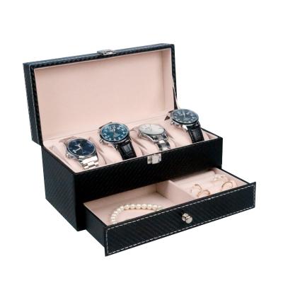 China New Style PU Double Layers Black Leather Watches Watch Storage Display Case Wooden Frame Wristwatches Jewelry Storage Box for sale