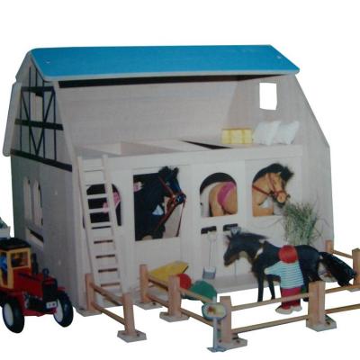 China Eco-friendly Recycle Wooden Material Blue Roof Horse Stable Toy With Lovely Horses (B206) for sale