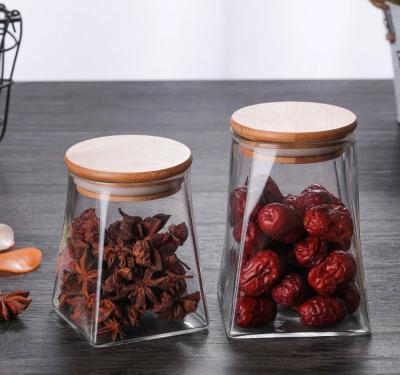 China Eco-friendly Recyclable Transparent Triangle Candy Nuts Coffee Beans Airtight Glass Storage Jar Single Cereal Pasta Macaroni Food Glass Storage Jar for sale