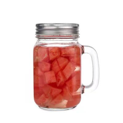 China Custom Round Square Glass Beverage 450ml 16oz Mason Jar With Handle for sale