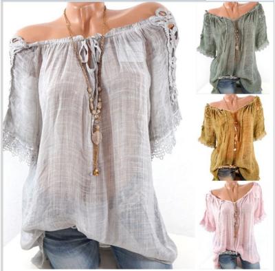 China 2021 Summer Women's V-neck Solid Color Anti-wrinkle Lace Stitching Loose Large Size Short-sleeved T-shirt for sale