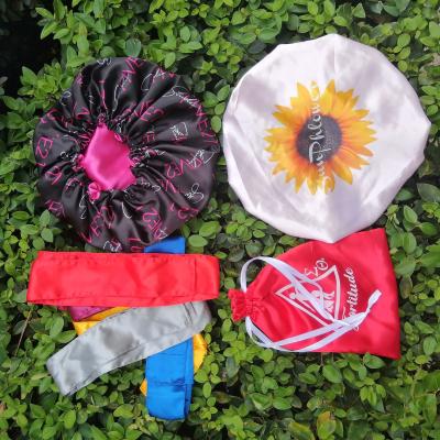 China Low MOQ simple customize your own logo satin hair hoods bags headbands shower hat unisex sleep caps for sale