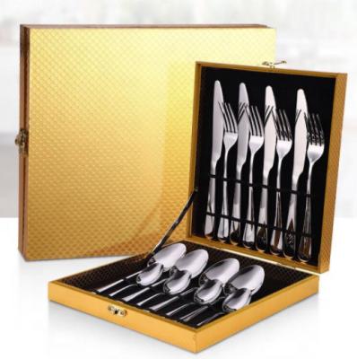 China Sustainable 24 Pcs Travel Flatware Cutlery Set Box Gift Boxes Hanging Stainless Steel Restaurant Fork Knife And Wooden Spoon Gift Boxes for sale