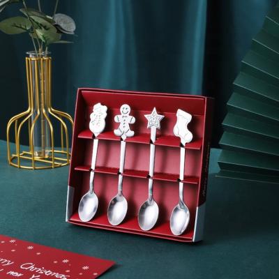 China Wholesale Christmas 4pcs/set Viable Steel Kids Spoon Tea Coffee Hot Chocolate Desert Mixing Spoon Fork and Handle Spoon Gift Set Boxes for sale