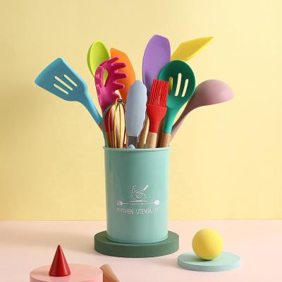 China 12pc/set Sustainable New Style Kitchenware Wooden Handle Silicone With Storage Bucket Colorful Kitchen Utensils Cooking Accessories for sale