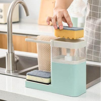 China Multifunctional Plastic Foam Soap Dispenser Wash Soap Dispenser Pump with Sponge Holder 2 in 1 Cart Brush Kitchen Sink Shelf Drain Rack Organizer for sale