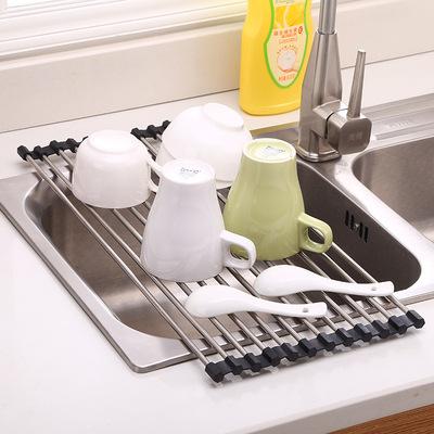 China Sustainable Roll Over Sink Dish Drying Rack Kitchen Utensils Rack Racks Dish Fruit Vegetable Drainer Storage Soap And Sponge for sale