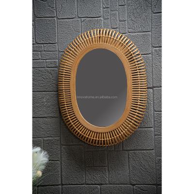 China Traditional Fancy Pastoral Farmhouse Accents Decorative Oval Rattan Bamboo Frames Mirror Decor Art Hanging Wall Mounted Mirror for sale