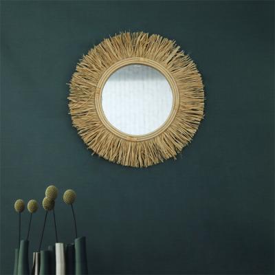 China 100% Handmade mirror round antique decorative living room furniture handmade wood rattan home mirror decor wall for sale