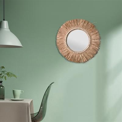 China 100% Handmade solid wood breads decorative wall hanging rattan round mirror for sale