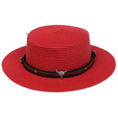 China Retro British Belt Summer New Women Flat Sun Protection Straw Hat Men's Casual Top Hat Vacation Japanese Beach Sunshade for sale