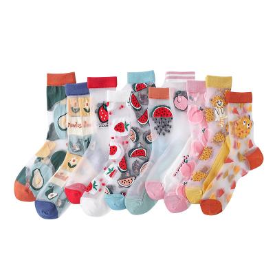 China Crystal Fruit Design Cute Colorful Thin Breathable Women Summer Cartoon Silk Socks for sale