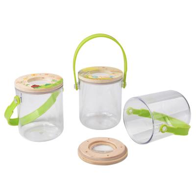 China Transparent plastic plastic insect jar with magnifying lens and decoration wooden lid for sale