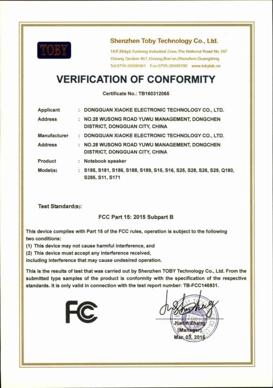 FCC - Dongguan Xiaoke Electronic Technology Co., Ltd.