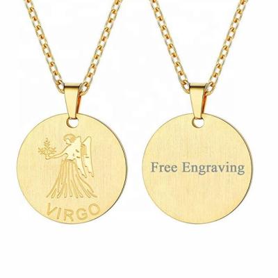 China Fashion Simple Customizable Astrology 12 Constellation Horoscope Necklace, Stainless Steel Gold Plated Zodiac Star Sign Coin Pendant Necklace for sale