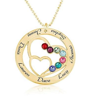 China Custom Made Personalized Customized Zircon Birthstones 18k Gold Stainless Steel Engraved Names Nameplate Circle Heart Pendant Necklace for sale