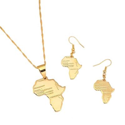 China Gold Plated African Map Necklace Earrings Set Trendy Pendant Stainless Steel Men Women Africa Map Necklace for sale