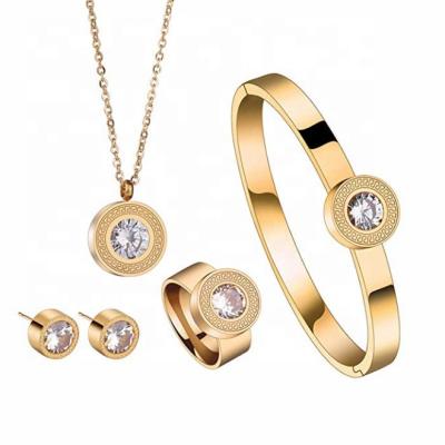 China TRENDY Fashion Plated Rose Gold Cubic Zircon Stainless Steel Crystal Necklace Earrings Bracelets Ring Wedding Jewelry Set for sale