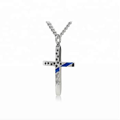 China Fashion Wholesale Mens Stainless Steel Jewelry Enamel Flag Star and Blue Line Thin Cross Pendant Necklace for sale