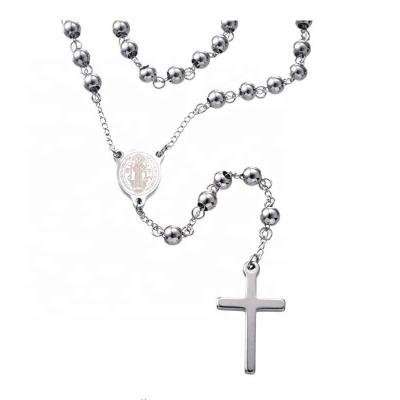 China The 30 in. Religious Catholic. length pray use with Saint Benedict Engraved Stainless Steel Silver color rosary beads necklace for sale