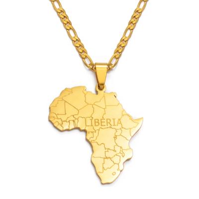 China Fashion Africa Map With Liberia Jewelry Custom Stainless Steel Gold Plated African Figaro Map Chain Necklace for sale