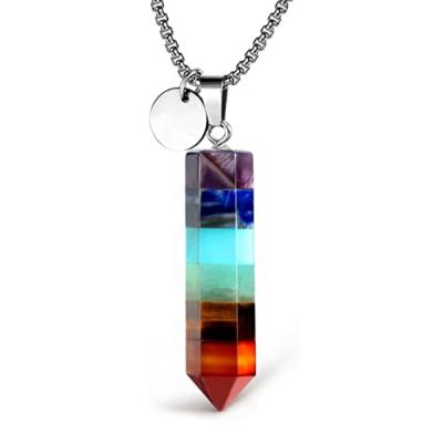 China 7 Chakra Stones Necklace Yoga Gemstone Energy Healing Crystal Divination Pendulum For Women Girls Stainless Steel Chain Jewelry for sale