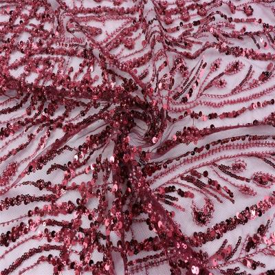 China Breathable 3+5mm sequins embroidered fabric with beads 100%polyester width 128cm for sale