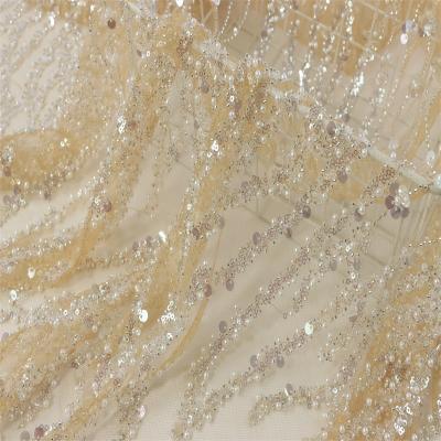 China Breathable Sequin Beads Round Beads Three Dimensional Wedding Dress , Embroidered Dress Fabric for sale