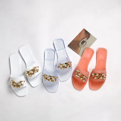 China CUSHIONING 2021 Hot Sale Customizable Jelly Pearl Chain Luxury Flat Sandals Female Slippers For Women for sale