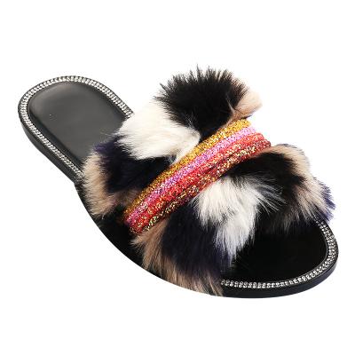 China CUSHIONING Crystal Jelly Sole Fox Fur Flat Toe Open Slippers Solid Color Slippers Ladies 2021 for sale