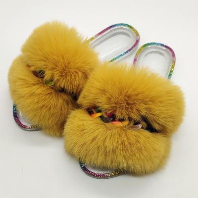 China CUSHIONING new style fur slippers diamond sequins rabbit fur jelly toe flat slipper ladies open casual home ladies slippers imitation for sale