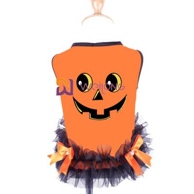 China Satin-Band-Bogen-Halloween-Haustier-Kleiderrundhalsausschnitt-Entwurfs-Kürbis-Hundekleid zu verkaufen