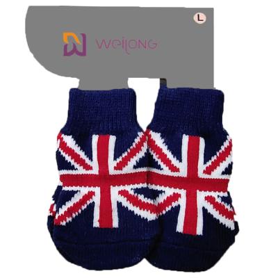 China Algodón modificado para requisitos particulares el 5% Spandex de Union Jack el 95% de los modelos del calcetín del perro que hace punto en venta