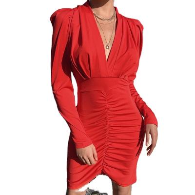 China New OEM anti-static spring style ladies sheath long sleeve pure color pleated dress elegant chic dress for sale