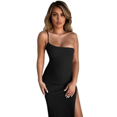 China Anti-wrinkle OEM summer style women's solid color slit one-shoulder dress rib knitted sexy strappy dress for sale