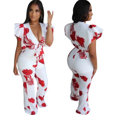 China OEN High Quality QUICK DRY Women'S Summer Fashion Jumpsuit White Print Leg Bell-Bottom V-Neck Bow Sleeveless Wide Leg Overalls for sale