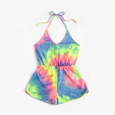 China New fashion tie anti-static dye printed halter neck women and summer vacation beach romper for sale