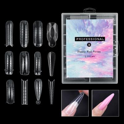 China 120pcs Double Poly French Almond Artificial Stiletto Shape Fake Nail Tip Acrylic Gel Extension False Coffin Nail Mold for sale